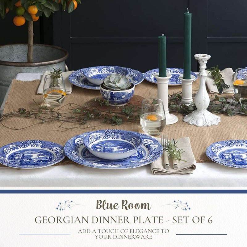Spode Blue Room Georgian Plate Set, Set of 6 - Decorative 10.5-Inch Earthenware Plates Featuring Botanical & Historic Designs - Vintage Dinnerware Set for Dining or Display - Made in England - Image 2